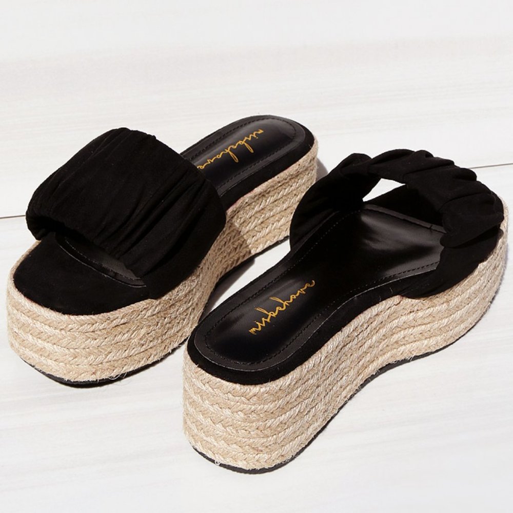 NEW Black Ruched Faux Suede Espadrille Slip On Slides Wedge Platform Sandal Shoe - Picture 3 of 10